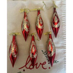 Vintage Shatterproof Set Of 6 Red Gold Teardrop Christmas Ornaments Glitter